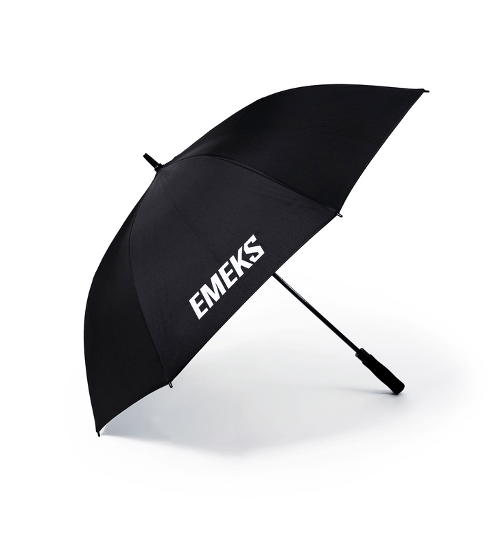 large black umbrella with white EMEKS logo motocross MX rain waterproof UK