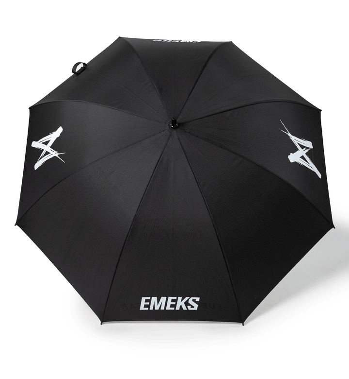 large black umbrella with white EMEKS logo motocross MX rain waterproof UK