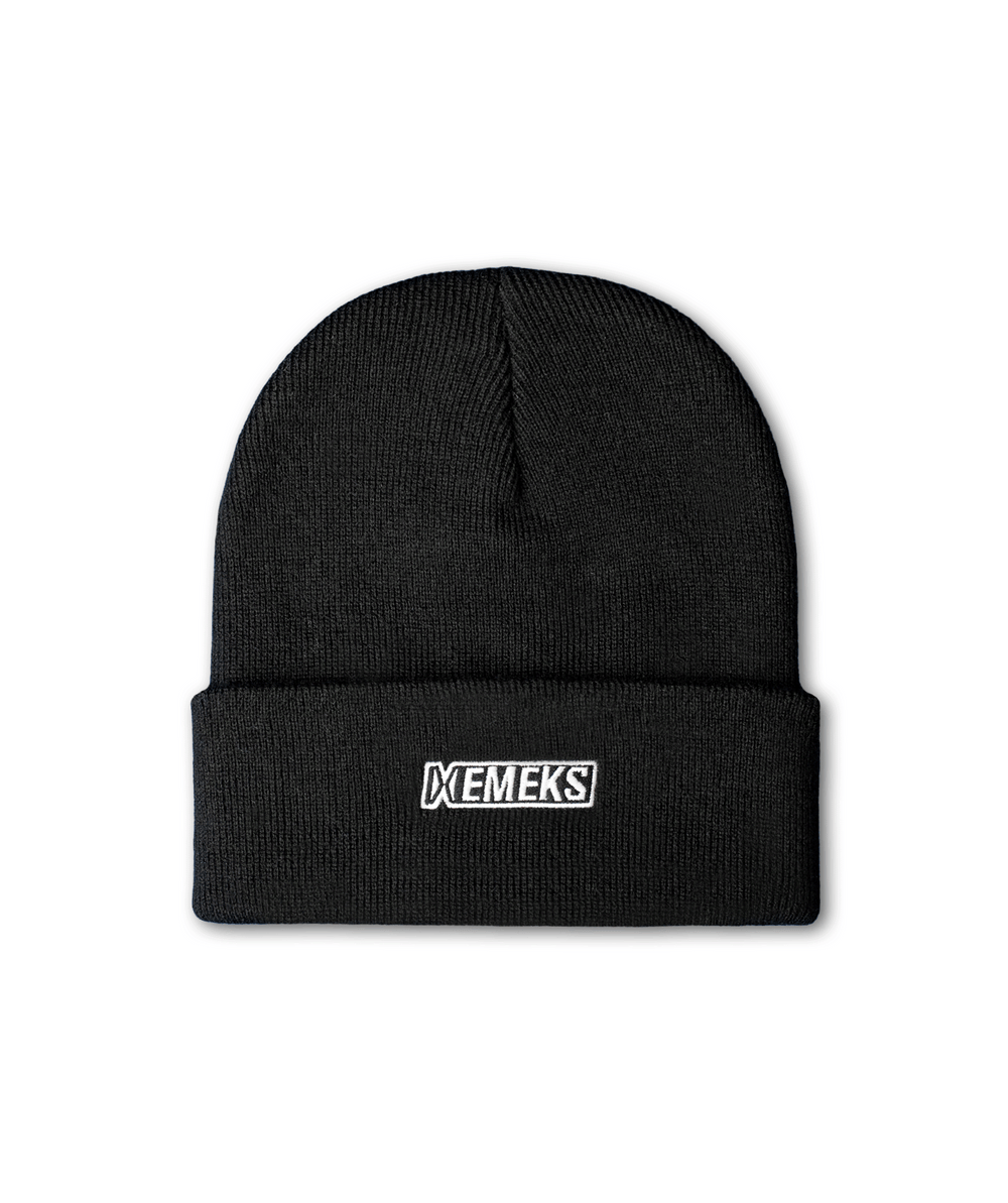 black beanie with motocross mx emeks branding UK