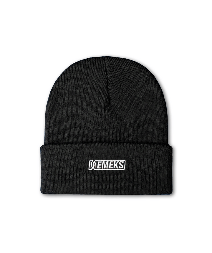 black beanie with motocross mx emeks branding UK