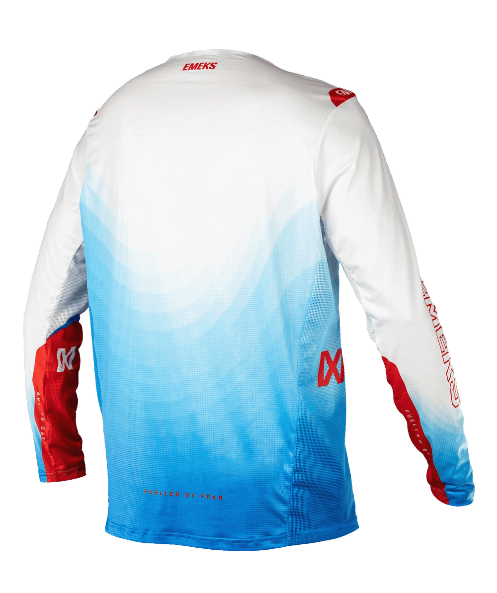 White blue red lightweight motocross MX jersey EMEKS UK racewear