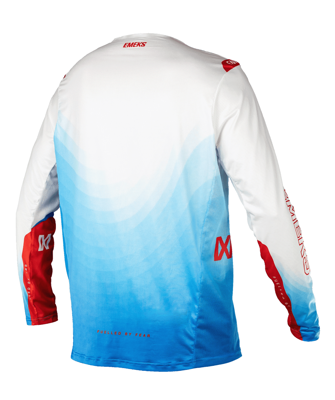 White blue red lightweight motocross MX jersey EMEKS UK racewear