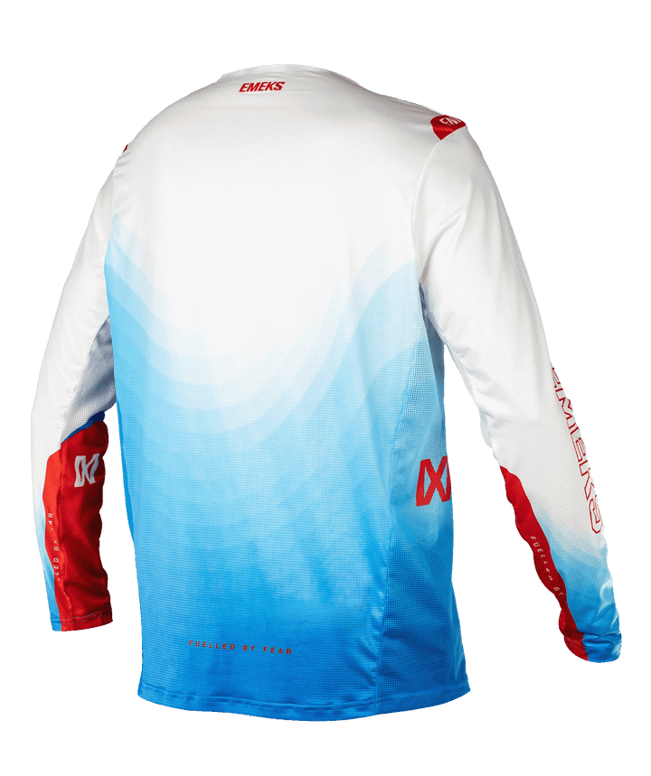 White blue red lightweight motocross MX jersey EMEKS UK racewear