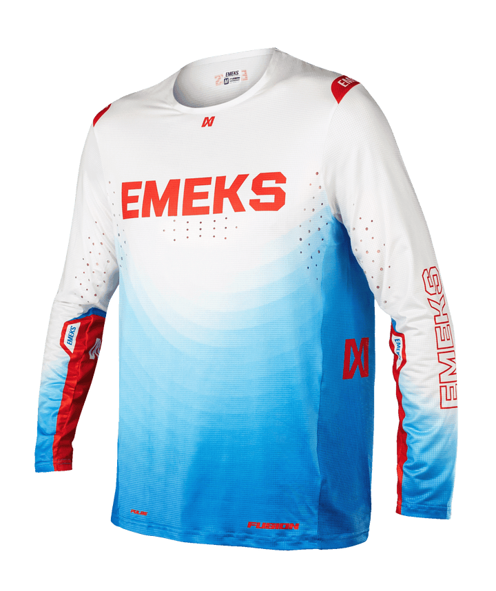 White blue red lightweight motocross MX jersey EMEKS UK racewear vented