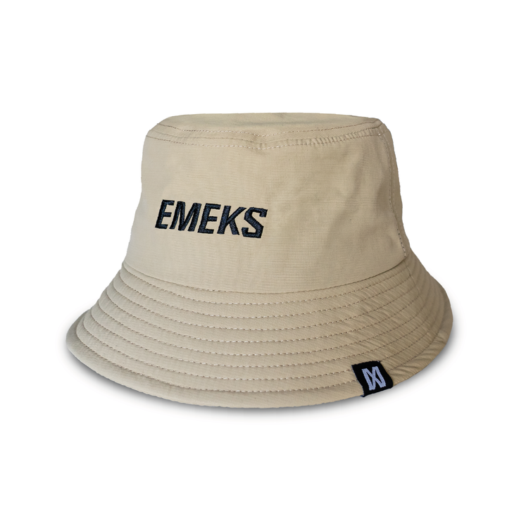 Sand yellow motocross MX bucket hat with EMEKS branding UK