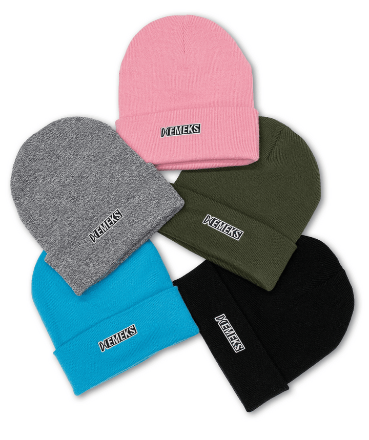 5 beanies in blue, pink, grey, green and black with motocross mx branding. 