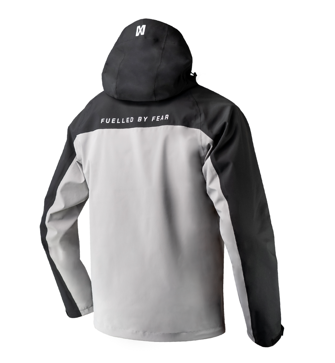 black and grey waterproof jacket with hood, sealed zips and EMEKS branding UK