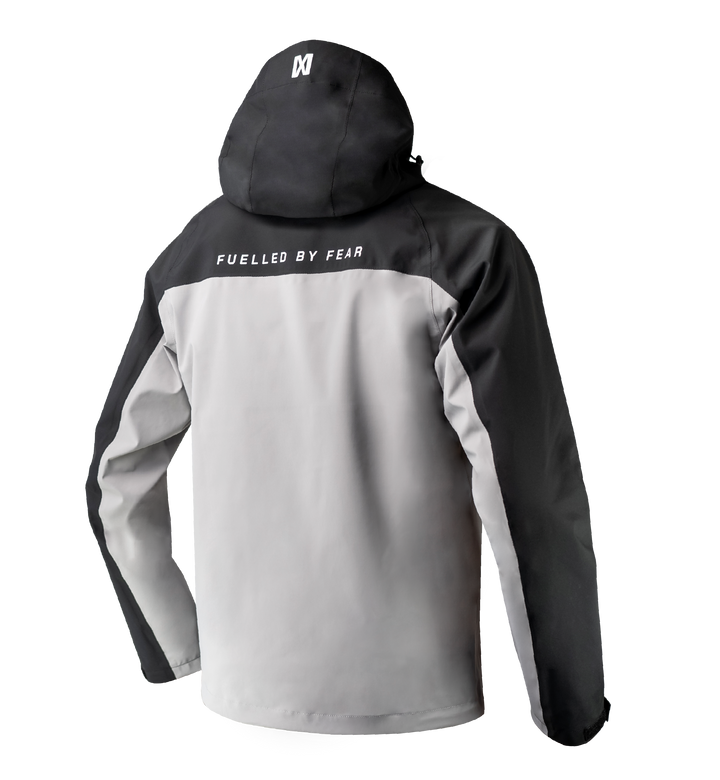 black and grey waterproof jacket with hood, sealed zips and EMEKS branding UK