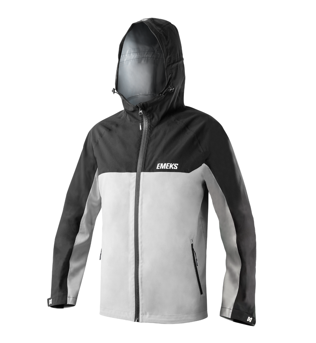 black and grey waterproof jacket with hood, sealed zips and EMEKS branding UK