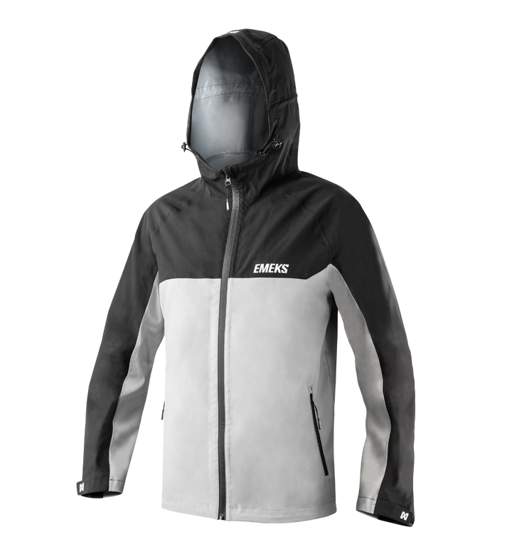 black and grey waterproof jacket with hood, sealed zips and EMEKS branding UK