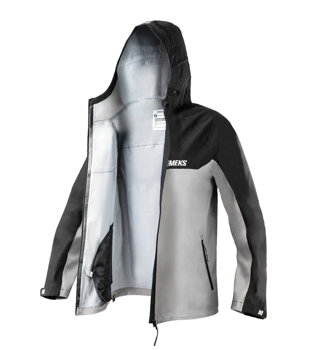black and grey waterproof jacket with hood, sealed zips and EMEKS branding UK