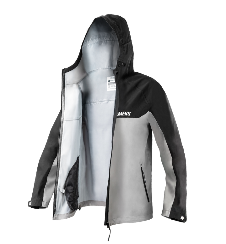 black and grey waterproof jacket with hood, sealed zips and EMEKS branding UK